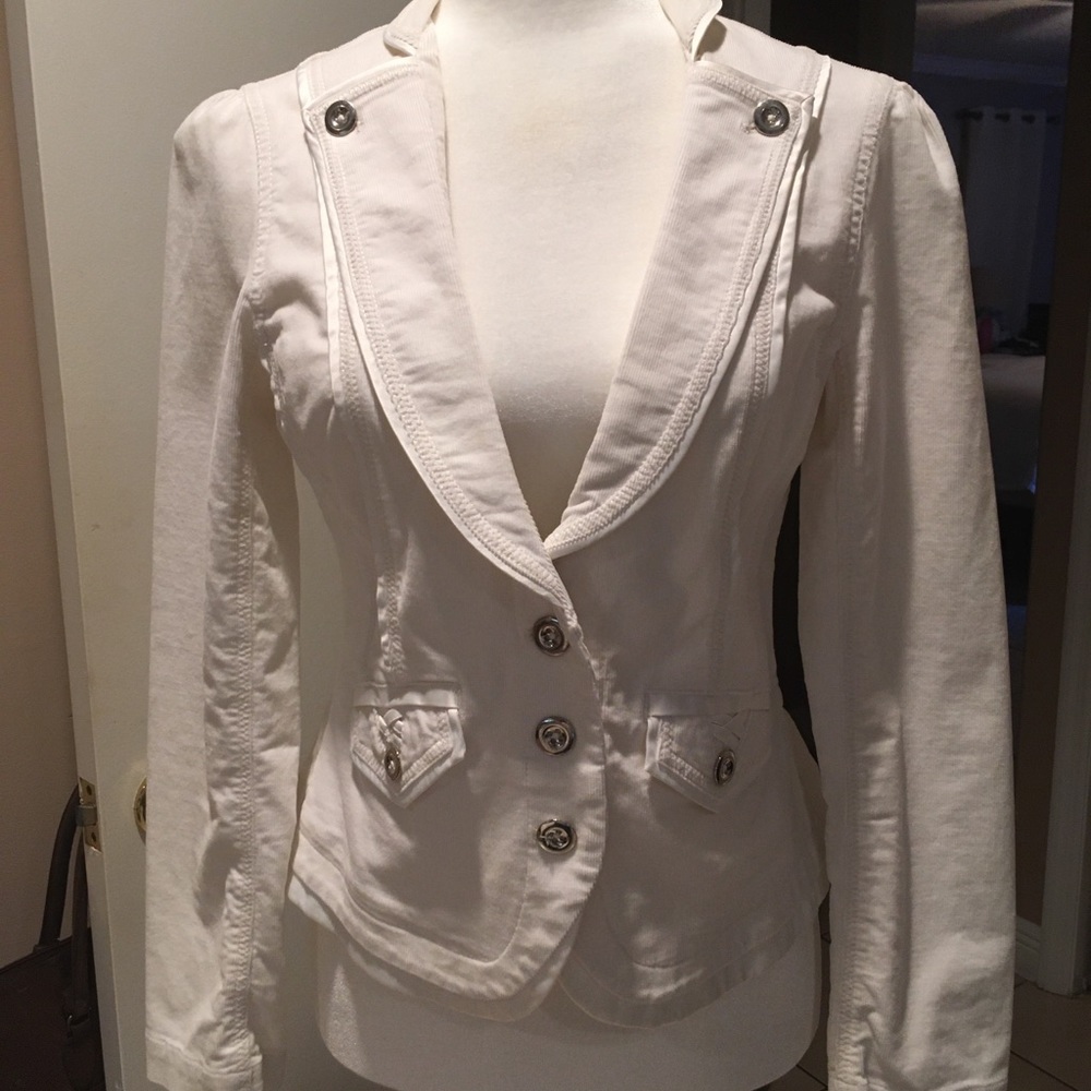 EUC WHBM white corduroy blazer jacket w/ satin detailing, 4